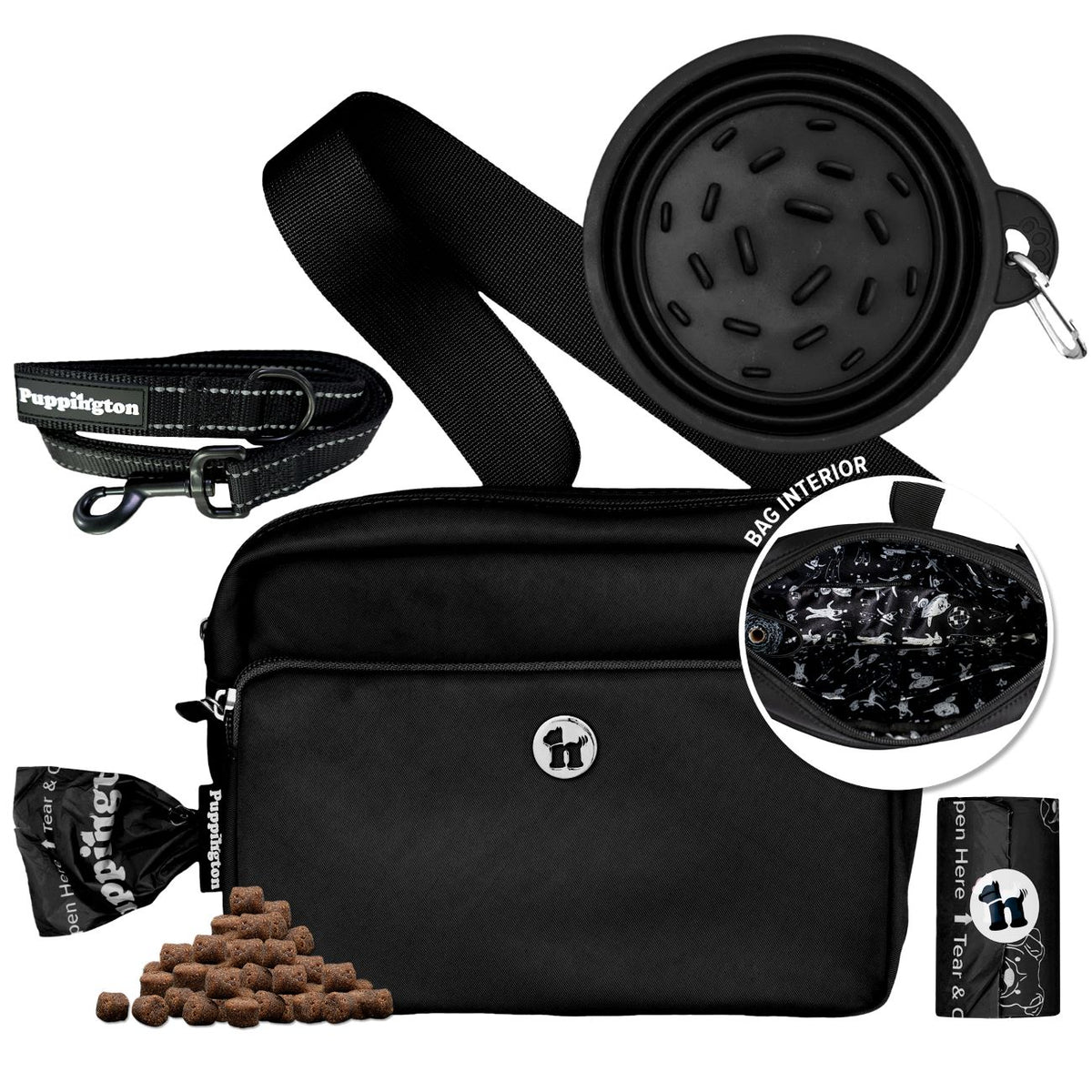 Puppington 3-in-1 Crossbody Dog Treat Pouch with Poop Bags, Slow-Feeding Travel Dog Bowl &amp; Reflective Leash