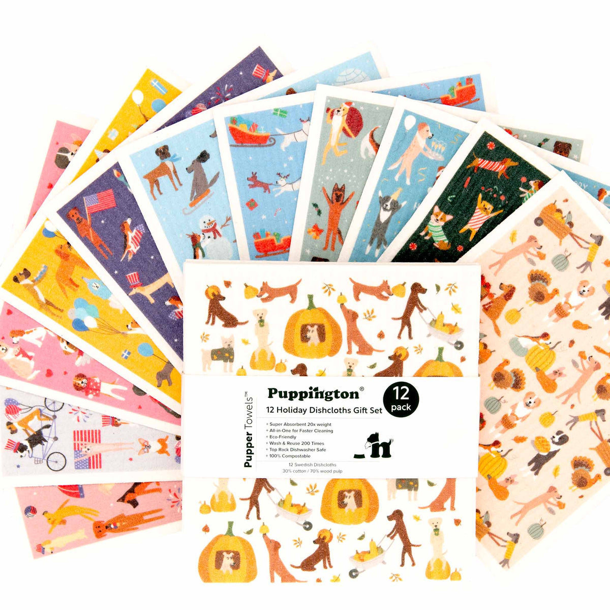 Puppington Pupper Towels Swedish Dishcloths Doggie Dozen Year-Round Holiday Prints 12-Pack