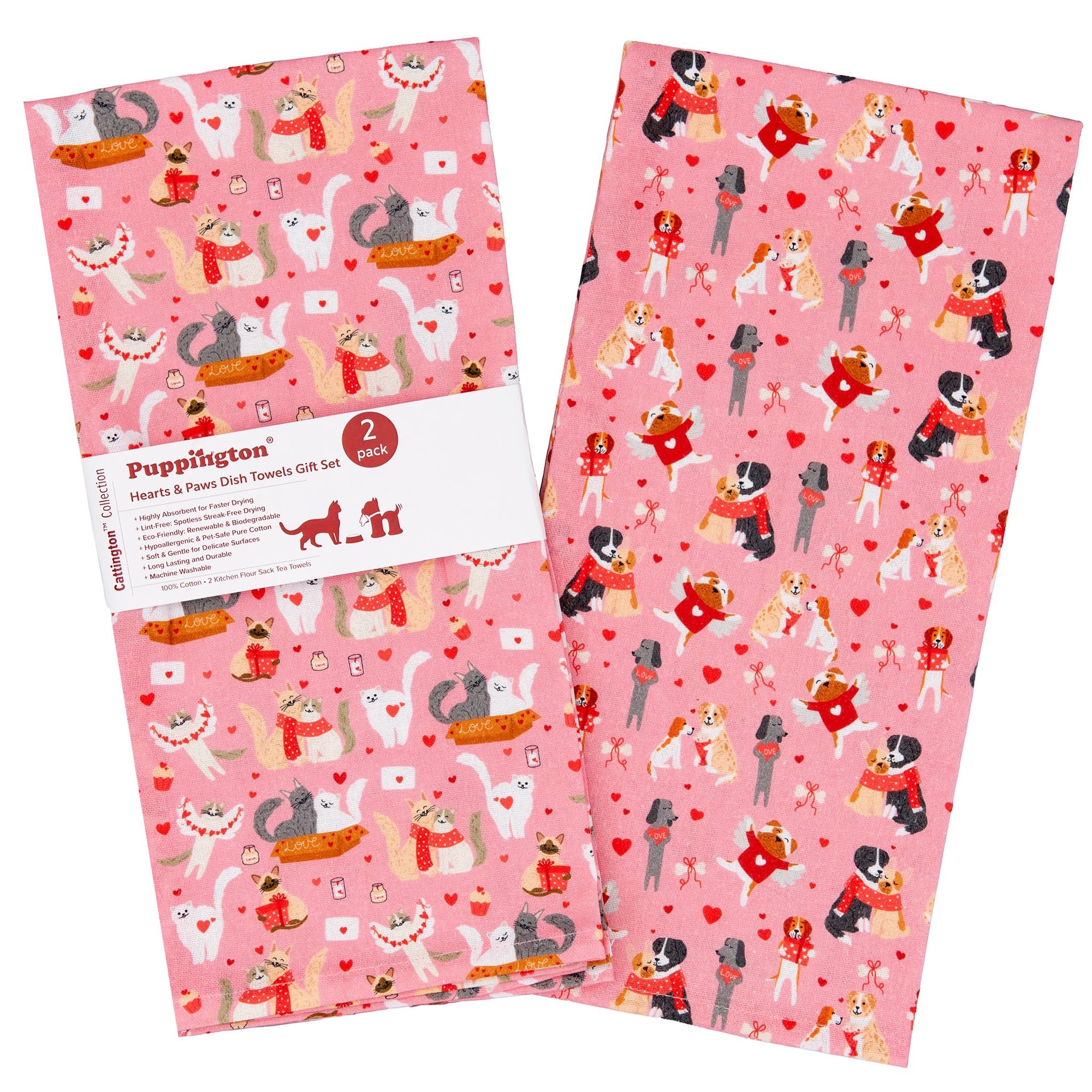 Puppington Pink Cat & Dog Valentines Day Kitchen Towels 2-Pack Gift Set
