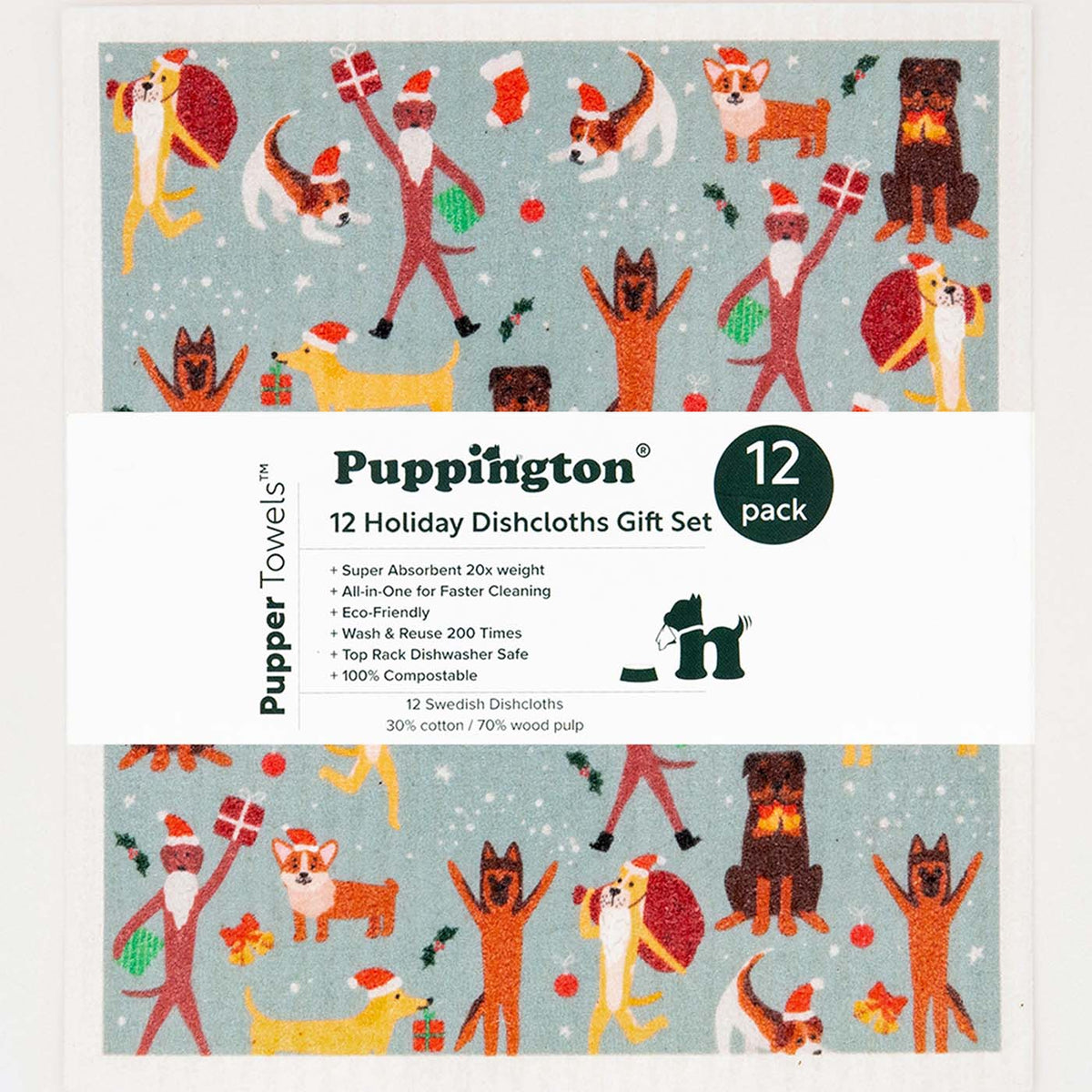 Puppington Pupper Towels Swedish Dishcloths Doggie Dozen Year-Round Holiday Prints 12-Pack