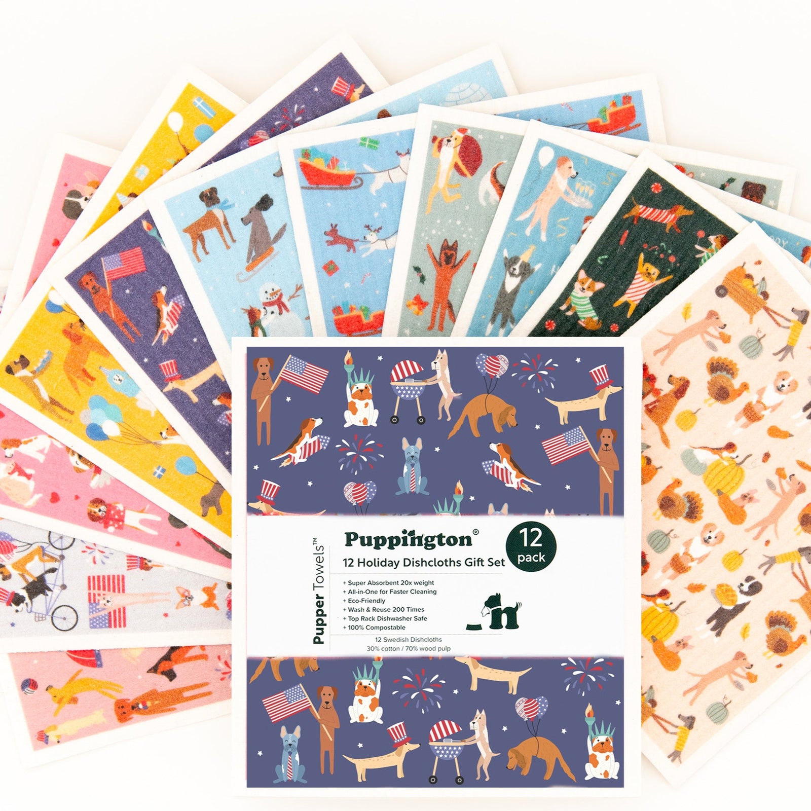 Puppington Pupper Towels Swedish Dishcloths Doggie Dozen Year-Round Holiday Prints 12-Pack