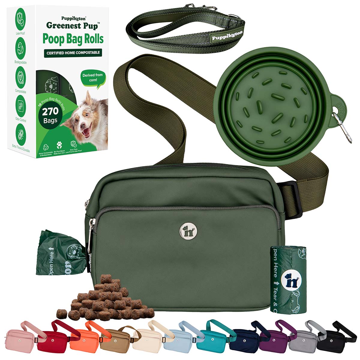 3-in-1 Crossbody Dog Walking Bag & Treat Pouch with Slow Feeding Travel Bowl, Reflective Leash, & Matching 18-Pack of Compostable Poop Bags Bundle