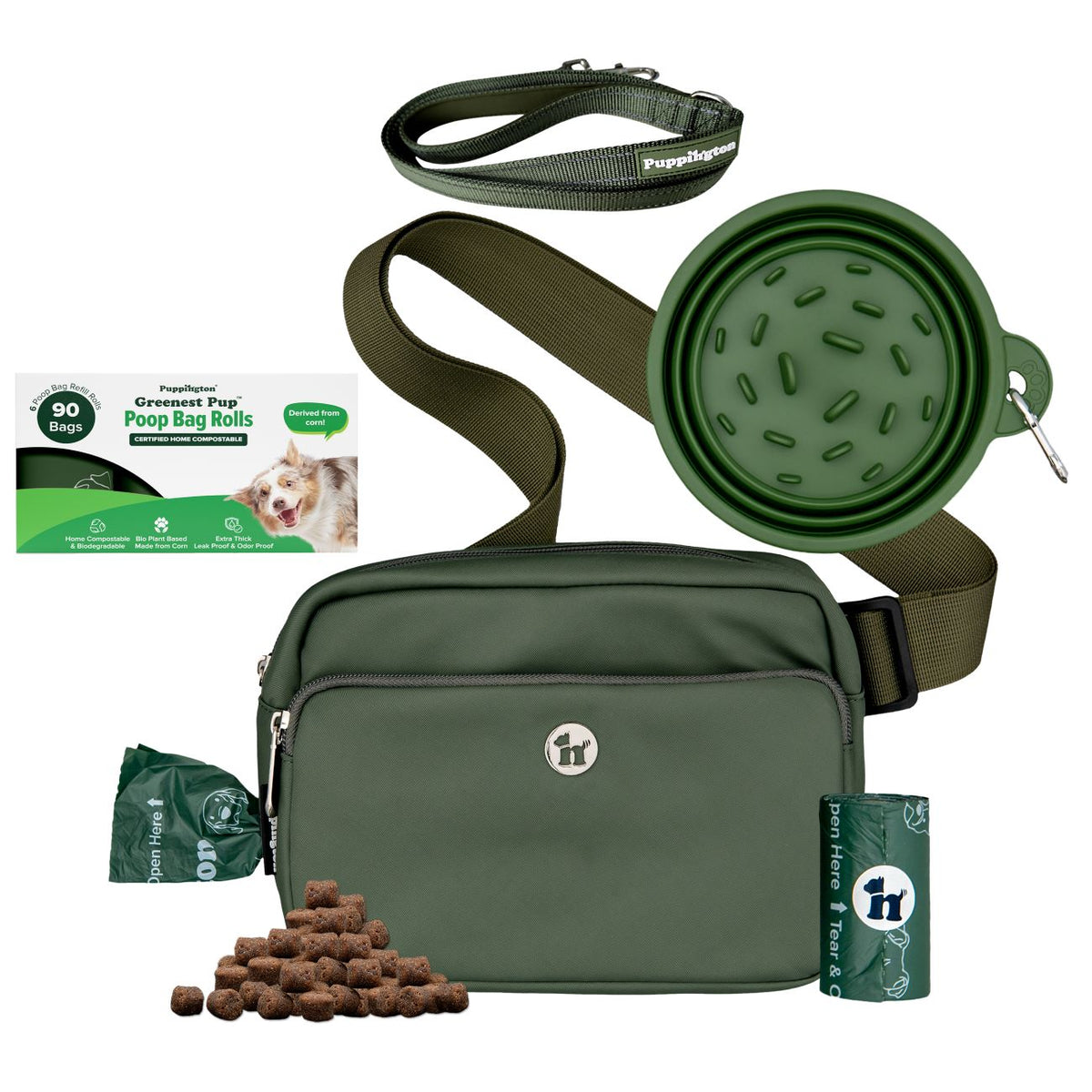 3-in-1 Crossbody Hondenuitlaatzak &amp;amp; Snackzakje met Slow Feeding Reiskom, Reflecterende Lijn &amp;amp; Bijpassende Composteerbare Poepzakjes Bundel