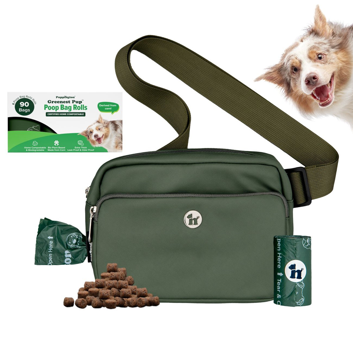 3-in-1 Crossbody Hondenuitlaatzak &amp;amp; Snoepzakje met bijpassende composteerbare poepzakjes