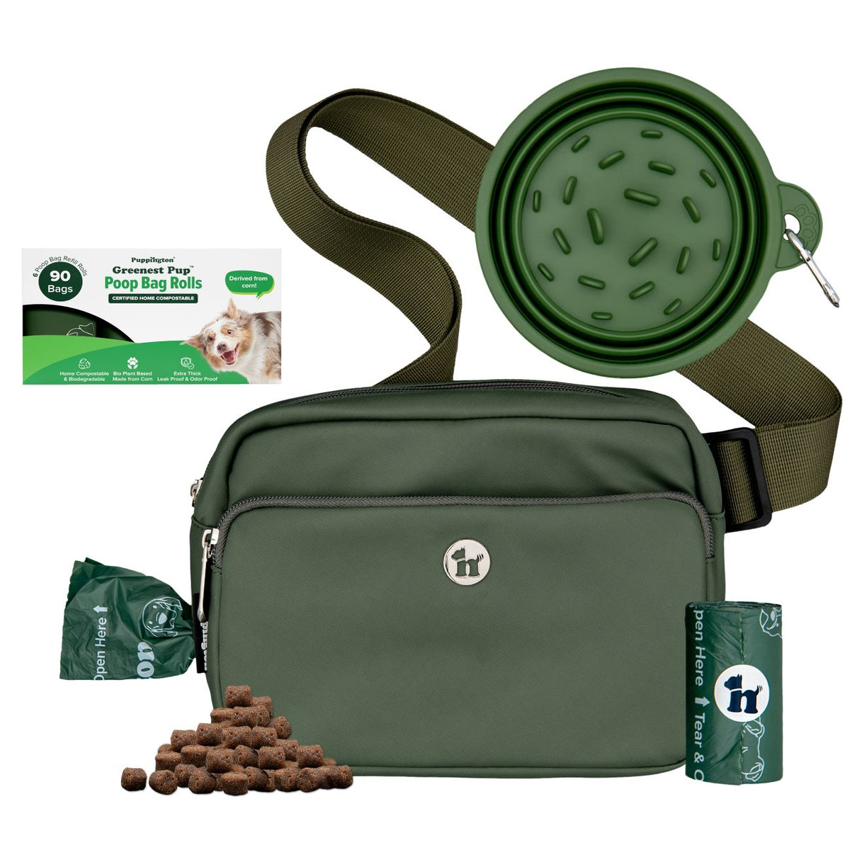 3-in-1 Crossbody Hondenuitlaatzak &amp;amp; Snackzakje met Slow Feeding Reiskom &amp;amp; Bijpassende Composteerbare Poepzakjes Bundel