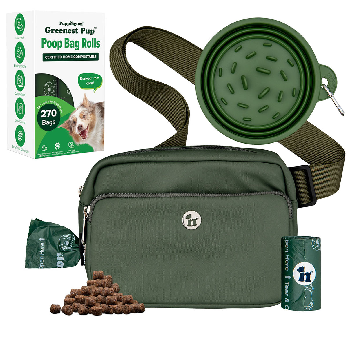 3-in-1 Crossbody Hondenuitlaatzak &amp;amp; Snackzakje met Slow Feeding Reiskom &amp;amp; Bijpassende Composteerbare Poepzakjes Bundel