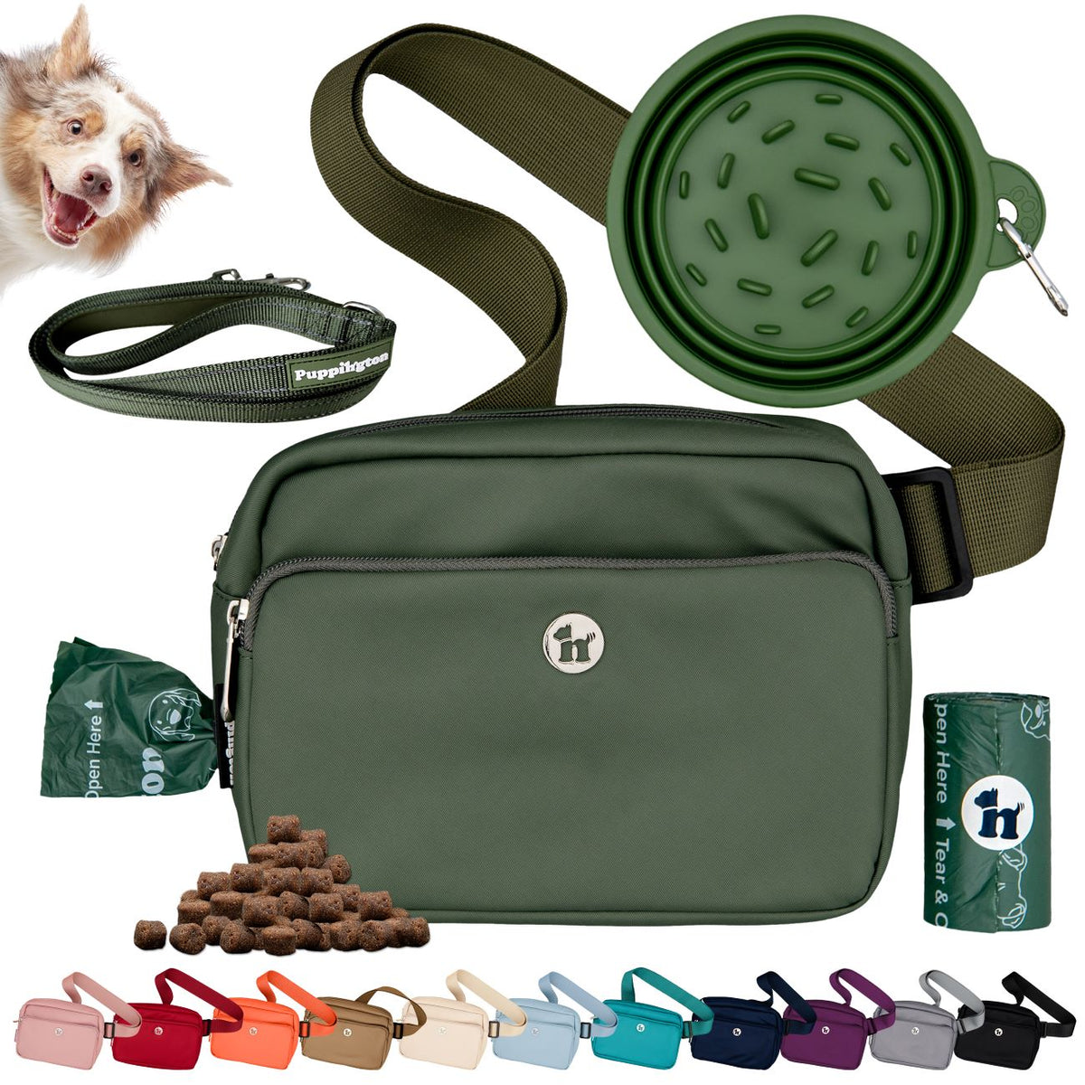 Puppington 3-in-1 Crossbody Dog Treat Pouch with Poop Bags, Slow-Feeding Travel Dog Bowl &amp; Reflective Leash