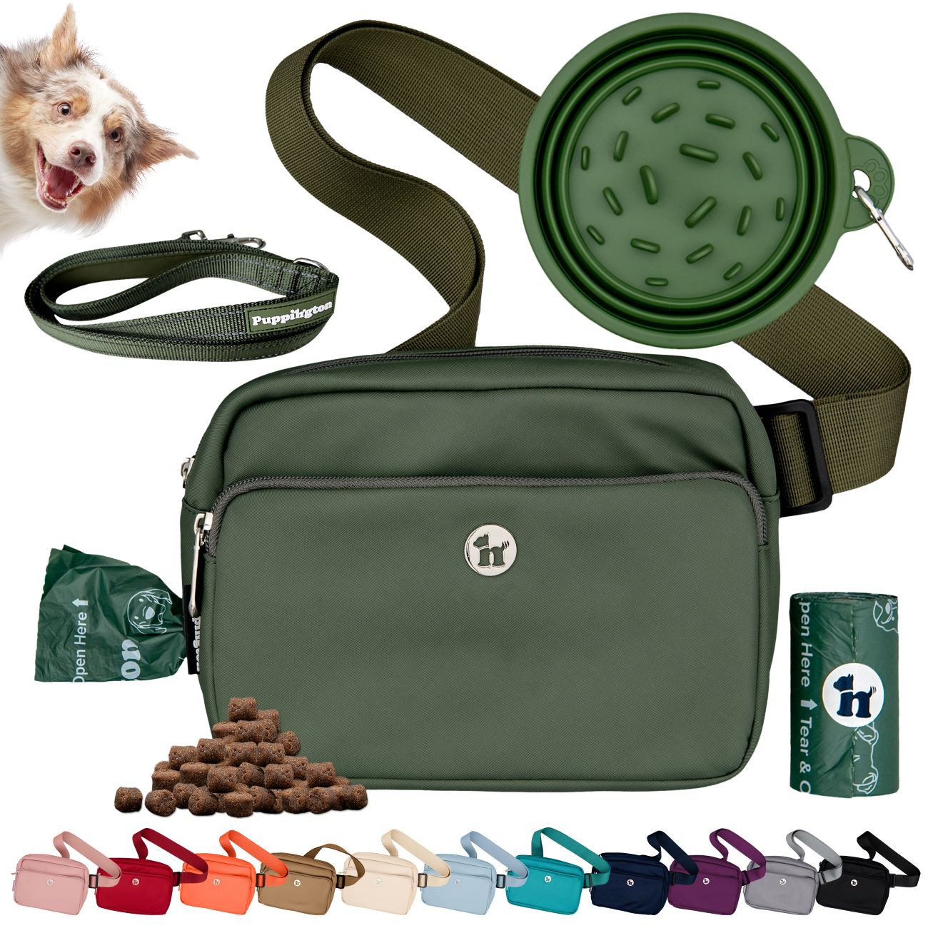 Puppington 3-in-1 Crossbody Dog Treat Pouch with Poop Bags, Slow-Feeding Travel Dog Bowl & Reflective Leash