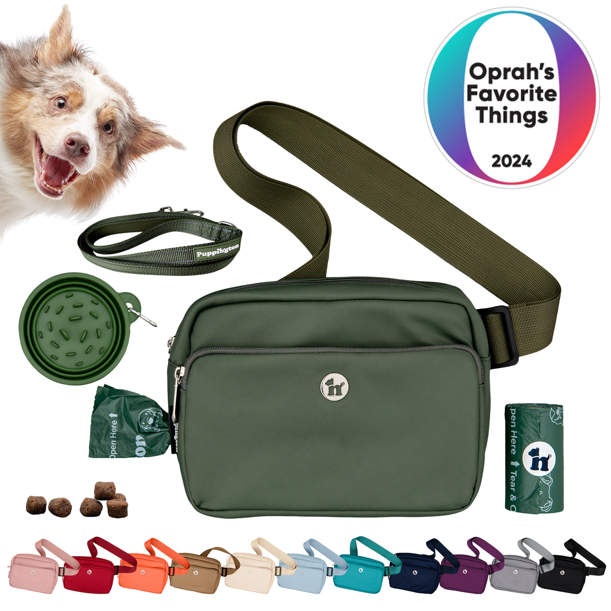 Puppington 3-in-1 Crossbody Dog Treat Pouch with Poop Bags, Slow-Feeding Travel Dog Bowl &amp; Reflective Leash