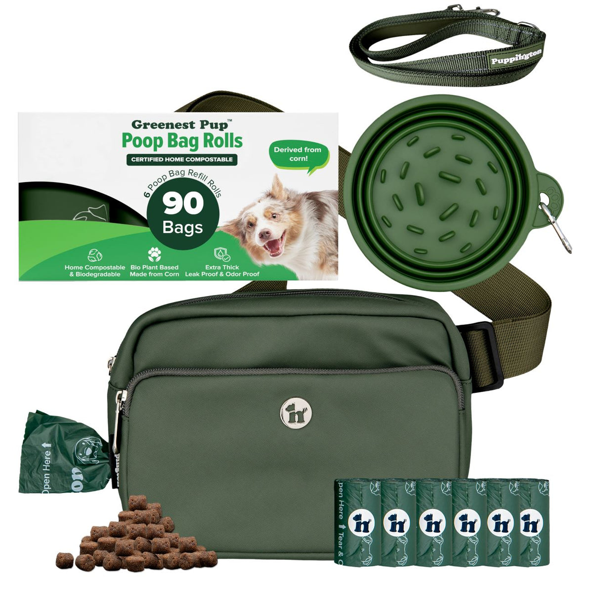 3-in-1 Crossbody Hondenuitlaatzak &amp;amp; Snackzakje met Slow Feeding Reiskom, Reflecterende Lijn &amp;amp; Bijpassende Composteerbare Poepzakjes Bundel