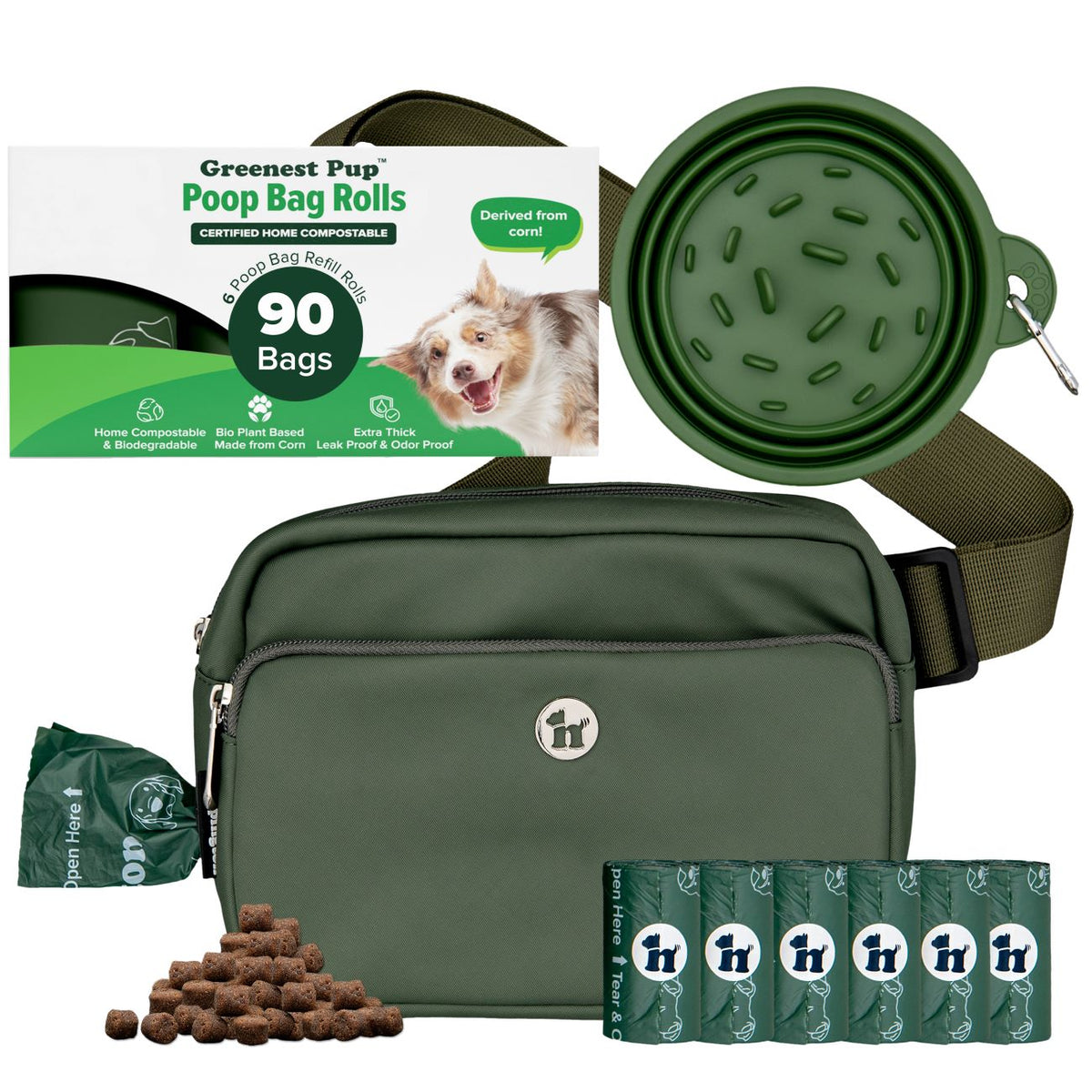 3-in-1 Crossbody Hondenuitlaatzak &amp;amp; Snackzakje met Slow Feeding Reiskom &amp;amp; Bijpassende Composteerbare Poepzakjes Bundel