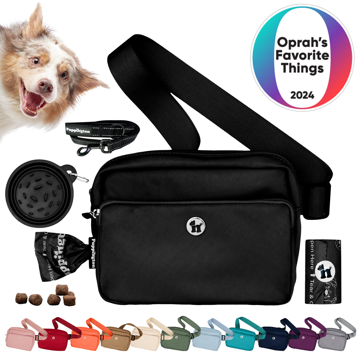 Puppington 3-in-1 Crossbody Dog Treat Pouch with Poop Bags, Slow-Feeding Travel Dog Bowl &amp; Reflective Leash