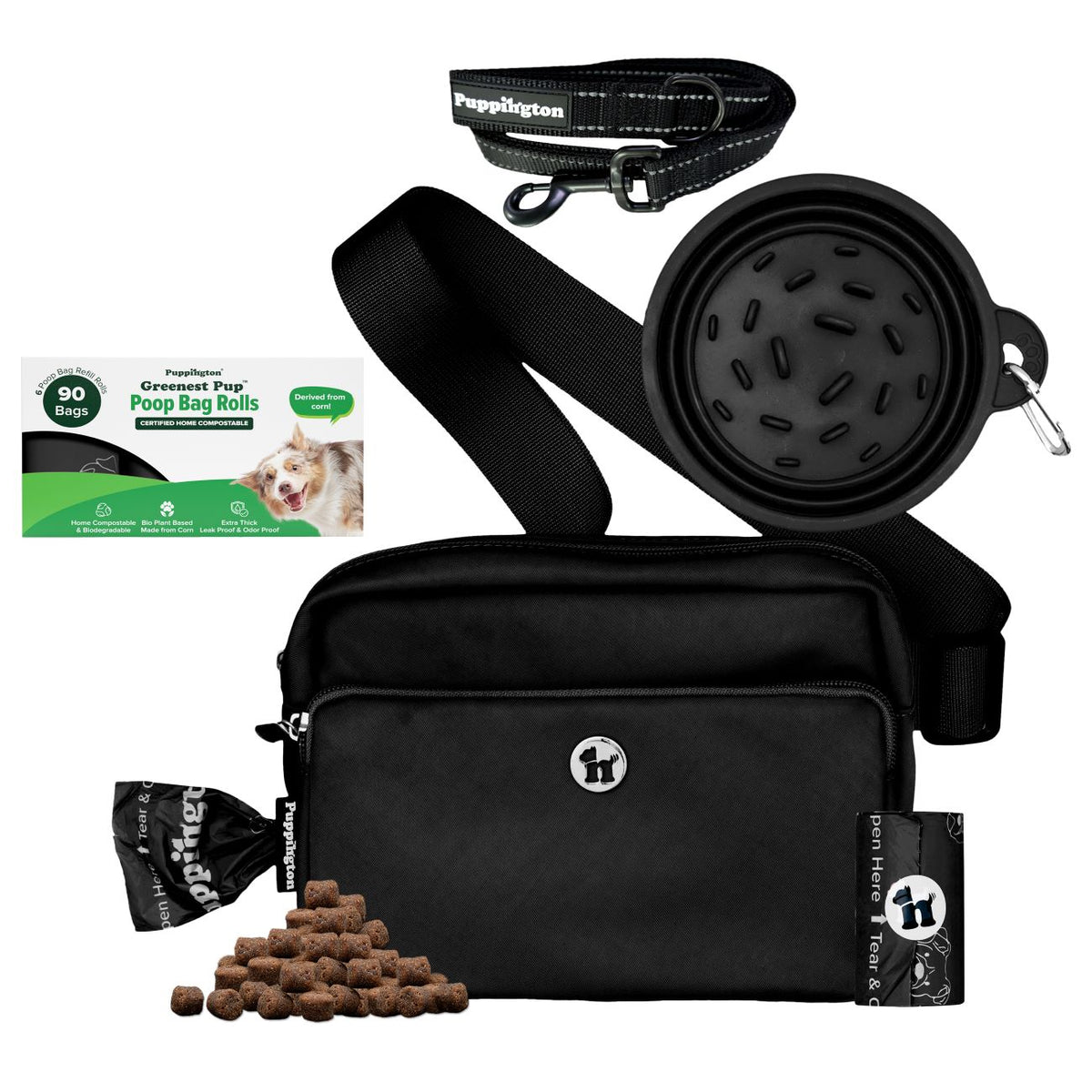 3-in-1 Crossbody Hondenuitlaatzak &amp;amp; Snackzakje met Slow Feeding Reiskom, Reflecterende Lijn &amp;amp; Bijpassende Composteerbare Poepzakjes Bundel