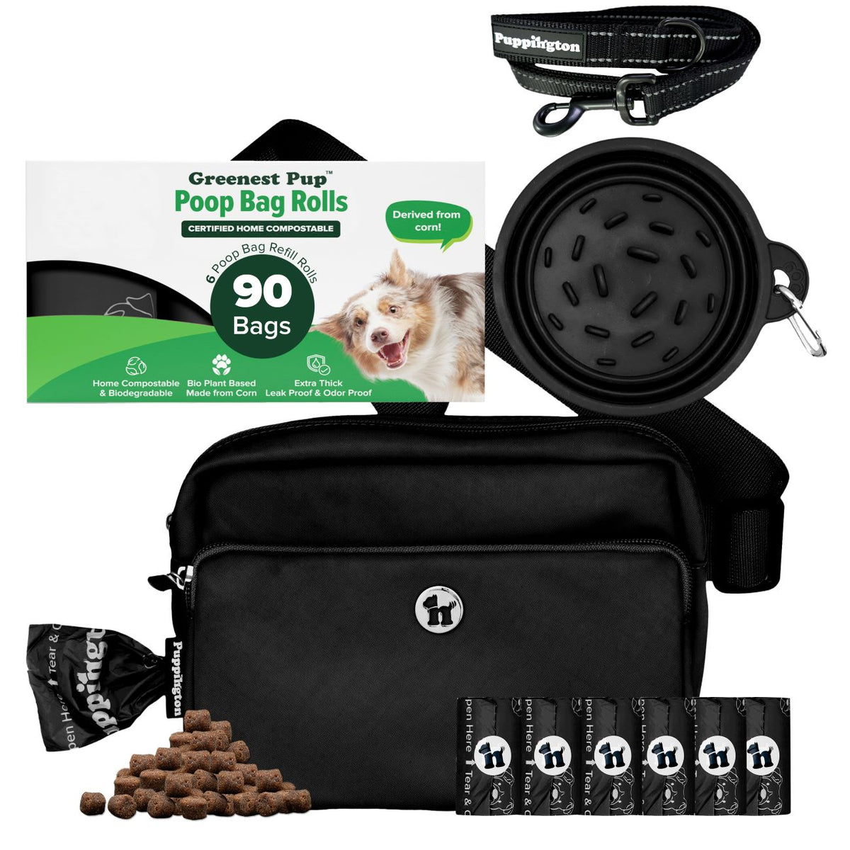 3-in-1 Crossbody Hondenuitlaatzak &amp;amp; Snackzakje met Slow Feeding Reiskom, Reflecterende Lijn &amp;amp; Bijpassende Composteerbare Poepzakjes Bundel