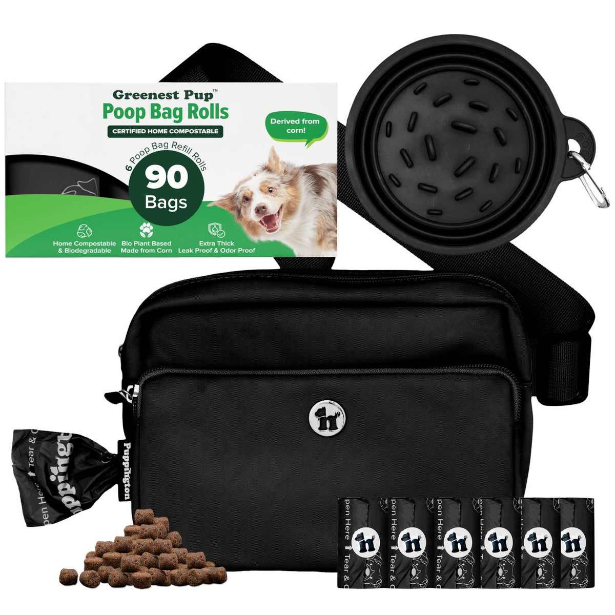 3-in-1 Crossbody Hondenuitlaatzak &amp;amp; Snackzakje met Slow Feeding Reiskom &amp;amp; Bijpassende Composteerbare Poepzakjes Bundel