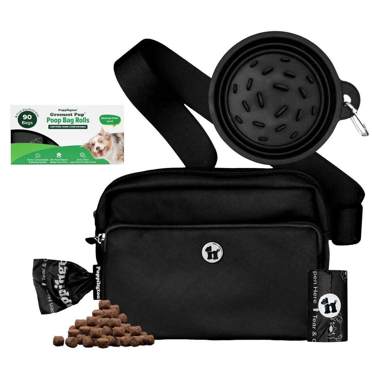 3-in-1 Crossbody Hondenuitlaatzak &amp;amp; Snackzakje met Slow Feeding Reiskom &amp;amp; Bijpassende Composteerbare Poepzakjes Bundel