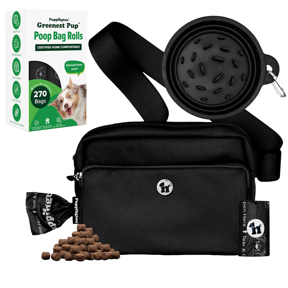 3-in-1 Crossbody Hondenuitlaatzak &amp;amp; Snackzakje met Slow Feeding Reiskom &amp;amp; Bijpassende Composteerbare Poepzakjes Bundel