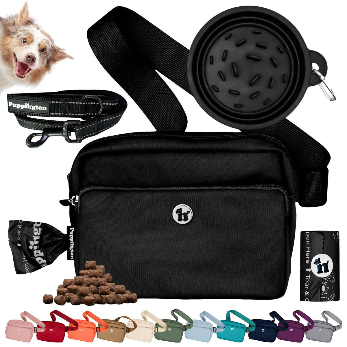 Puppington 3-in-1 Crossbody Dog Treat Pouch with Poop Bags, Slow-Feeding Travel Dog Bowl &amp; Reflective Leash