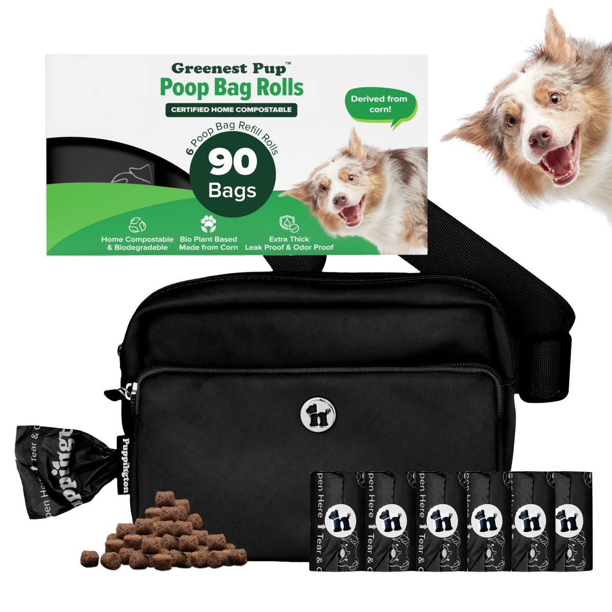 3-in-1 Crossbody Hondenuitlaatzak &amp;amp; Snoepzakje met bijpassende composteerbare poepzakjes
