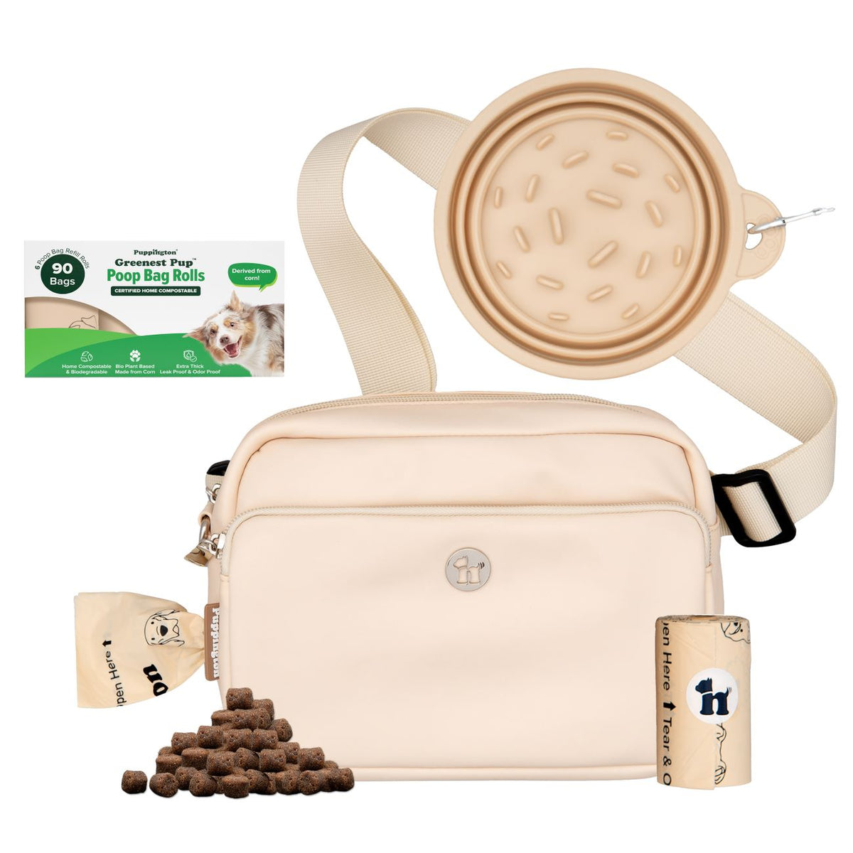 3-in-1 Crossbody Hondenuitlaatzak &amp;amp; Snackzakje met Slow Feeding Reiskom &amp;amp; Bijpassende Composteerbare Poepzakjes Bundel