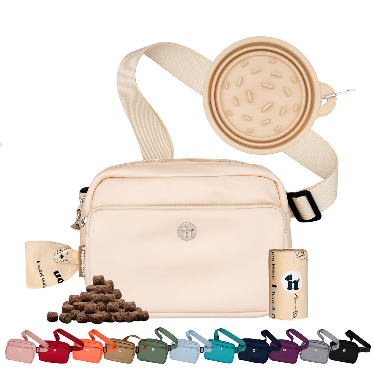 Puppington 3-in-1 Crossbody Dog Treat Pouch with Matching Poop Bags and Slow Feeding Travel Bowl