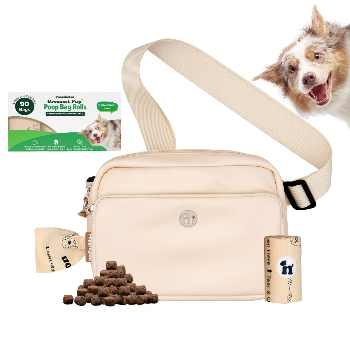 3-in-1 Crossbody Hondenuitlaatzak &amp;amp; Snoepzakje met bijpassende composteerbare poepzakjes