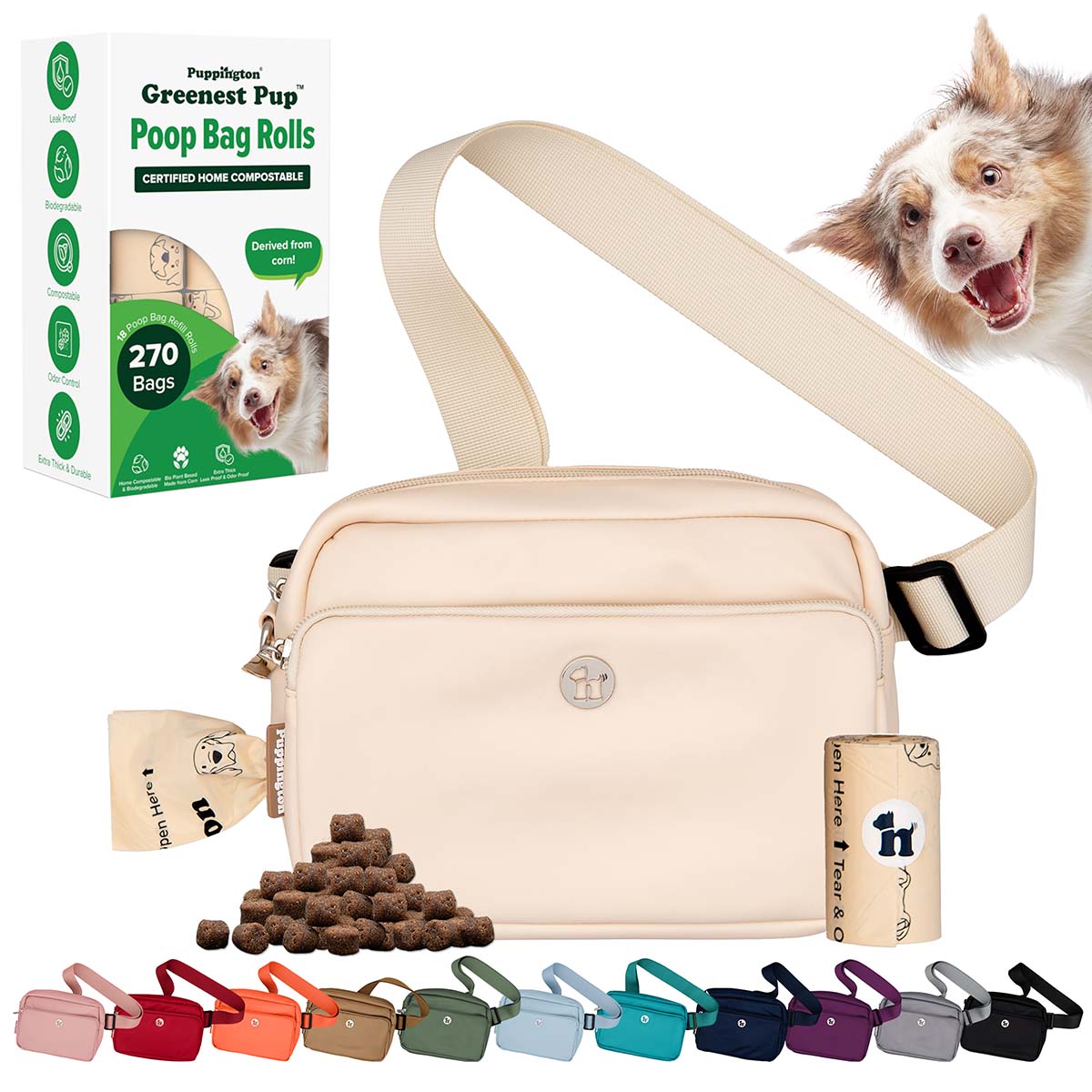 3-in-1 Crossbody Dog Walking Bag & Treat Pouch with Matching 18-Pack of Compostable Poop Bags Bundle