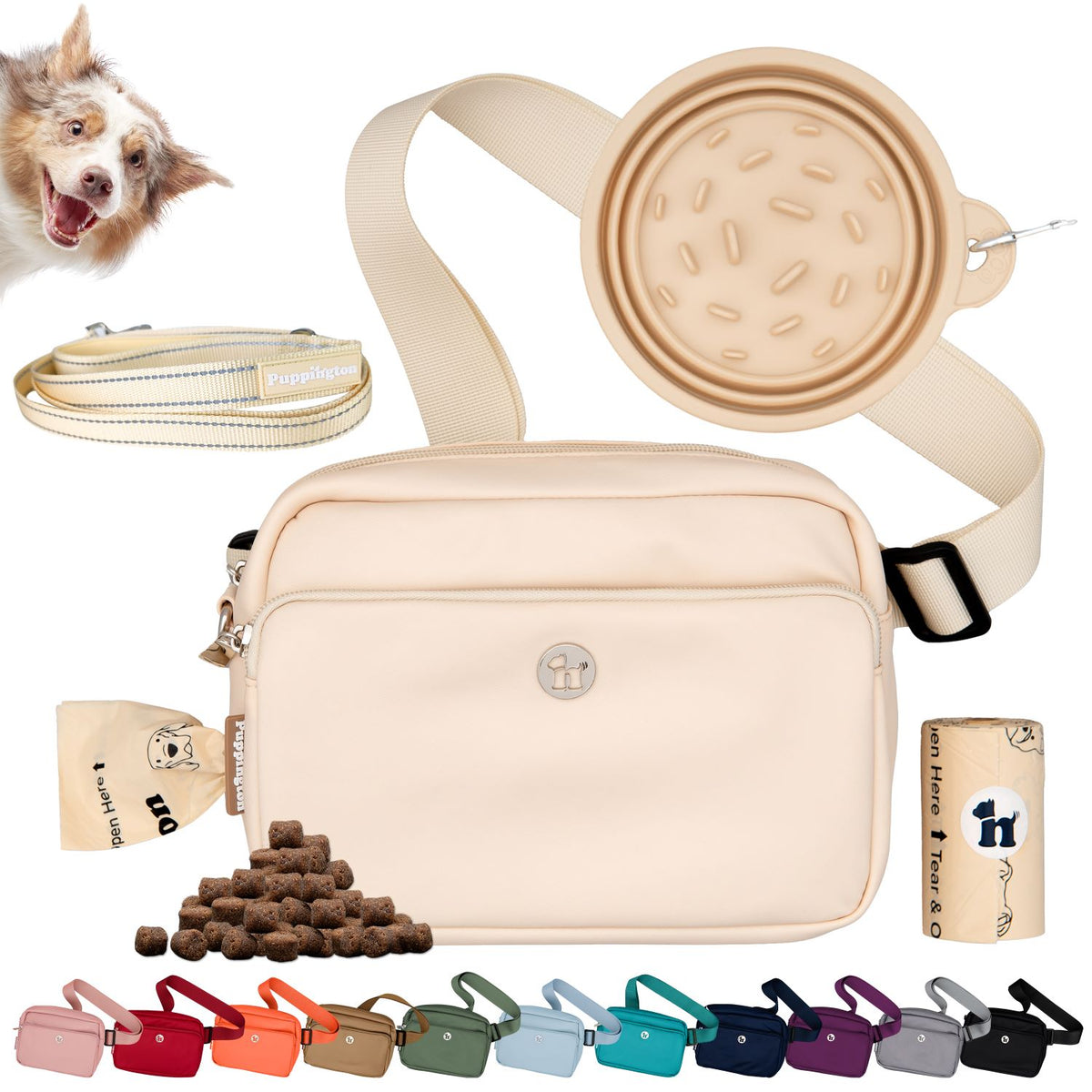 Puppington 3-in-1 Crossbody Dog Treat Pouch with Poop Bags, Slow-Feeding Travel Dog Bowl &amp; Reflective Leash