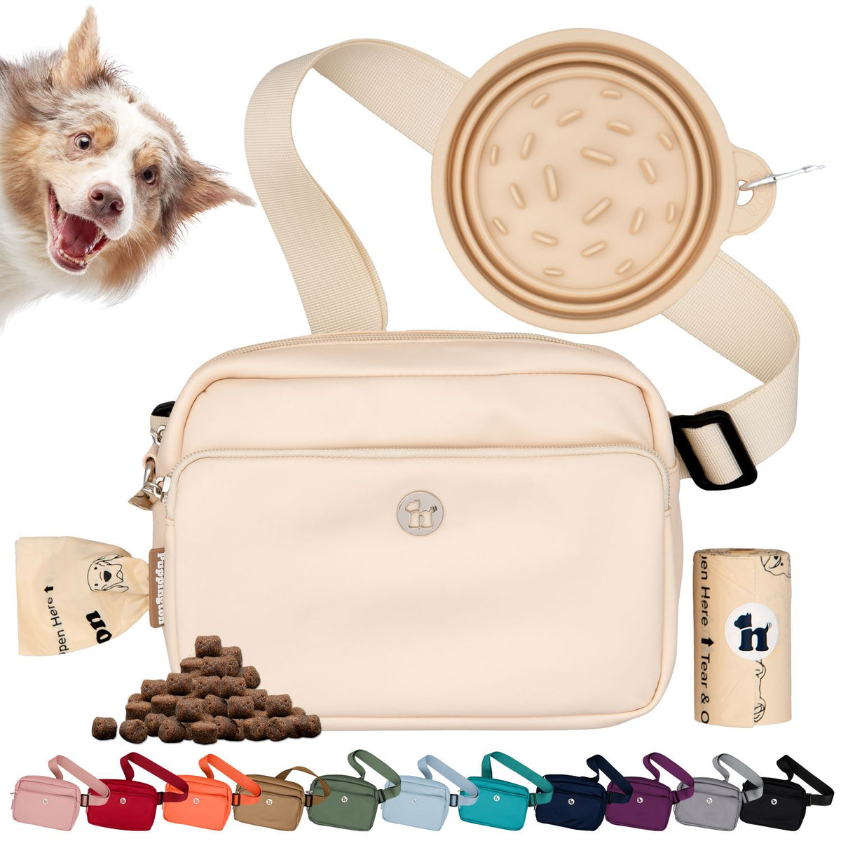 Puppington 3-in-1 Dog Walk Bag & Travel Bowl with Matching Planet-Safe Dog Poop Bags