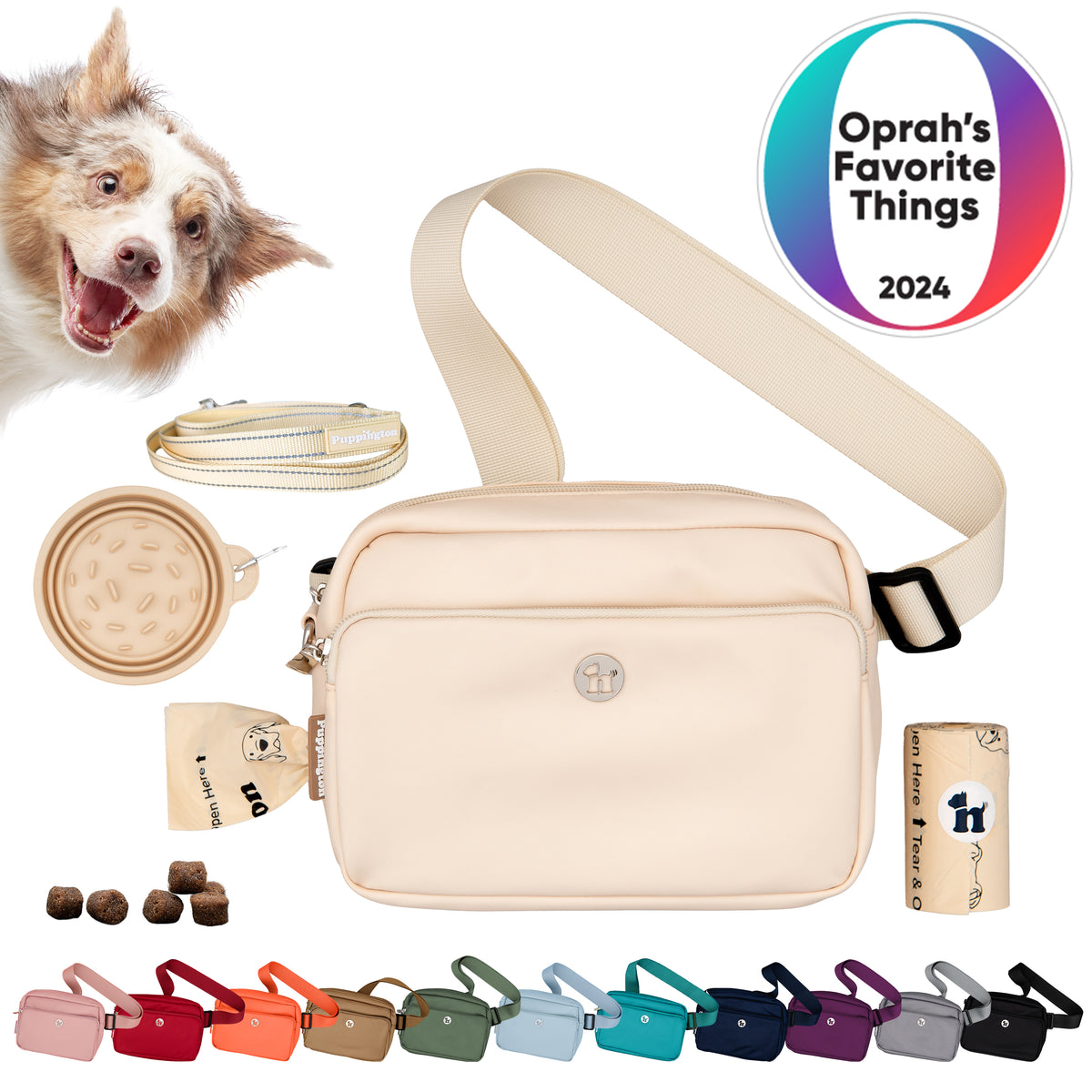 Puppington 3-in-1 Crossbody Dog Treat Pouch with Poop Bags, Slow-Feeding Travel Dog Bowl &amp; Reflective Leash