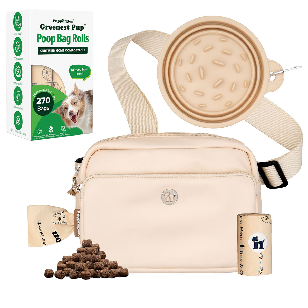 3-in-1 Crossbody Hondenuitlaatzak &amp;amp; Snackzakje met Slow Feeding Reiskom &amp;amp; Bijpassende Composteerbare Poepzakjes Bundel