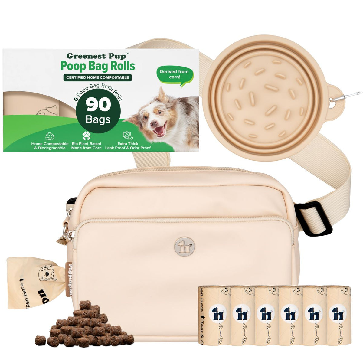 3-in-1 Crossbody Hondenuitlaatzak &amp;amp; Snackzakje met Slow Feeding Reiskom &amp;amp; Bijpassende Composteerbare Poepzakjes Bundel