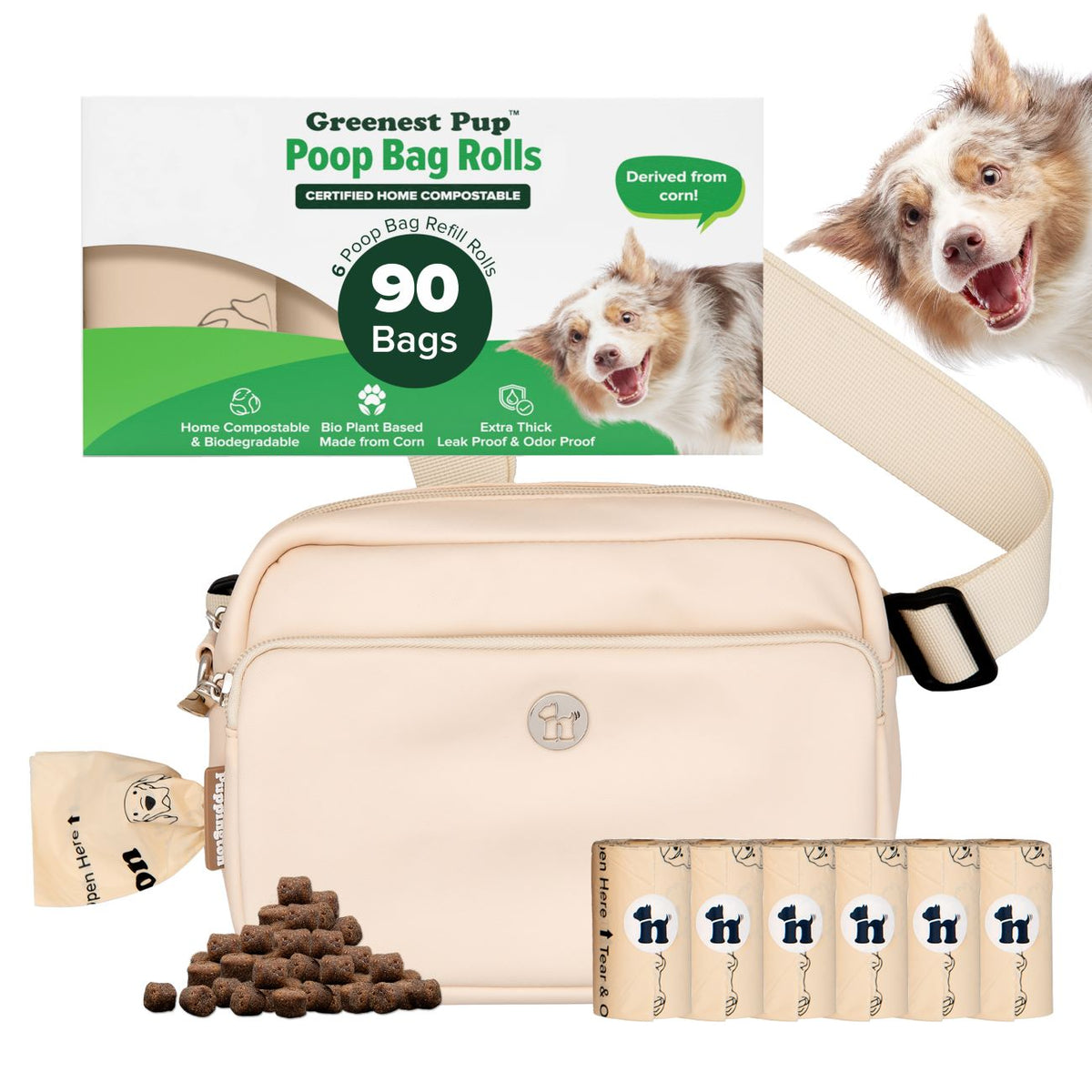 3-in-1 Crossbody Hondenuitlaatzak &amp;amp; Snoepzakje met bijpassende composteerbare poepzakjes