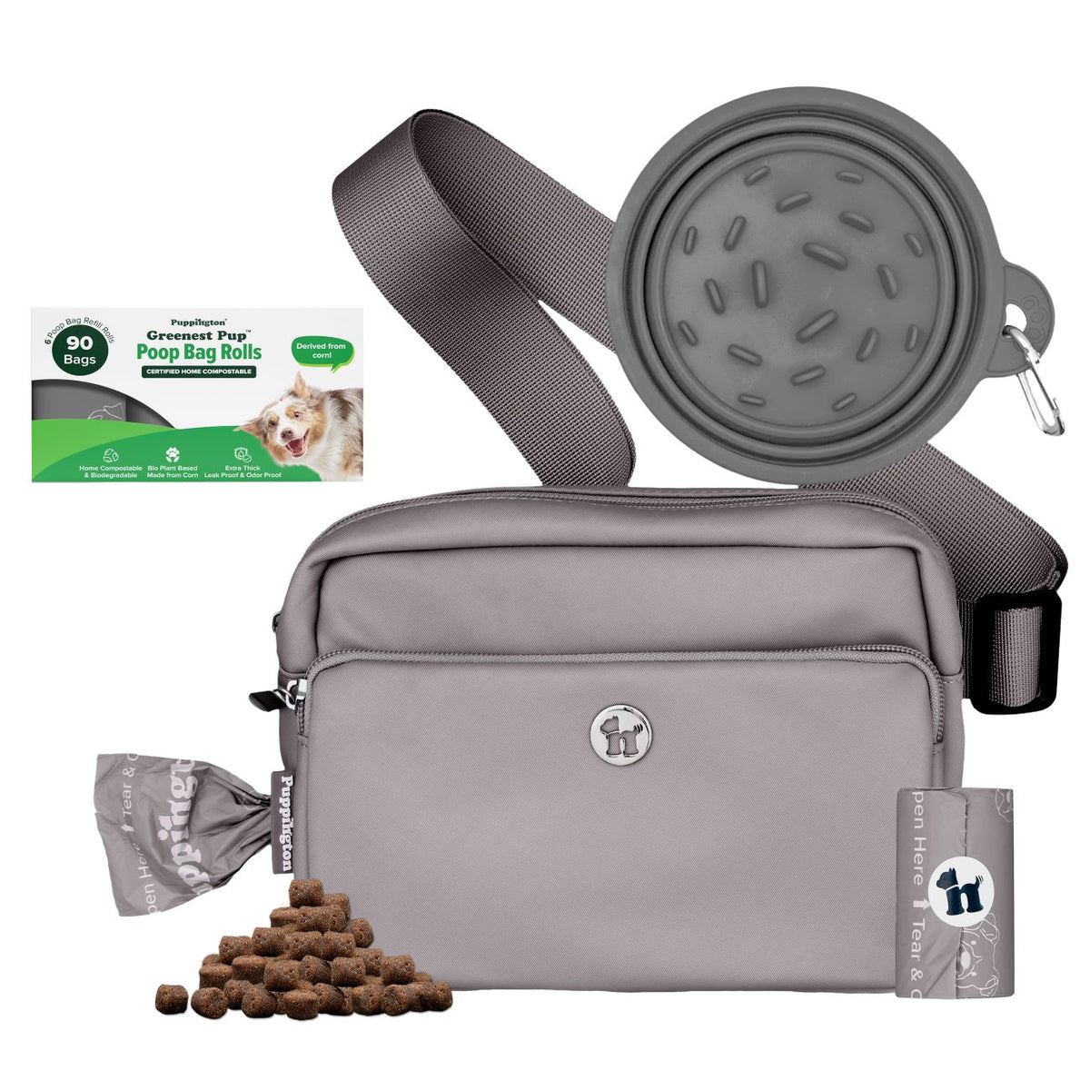 3-in-1 Crossbody Hondenuitlaatzak &amp;amp; Snackzakje met Slow Feeding Reiskom &amp;amp; Bijpassende Composteerbare Poepzakjes Bundel