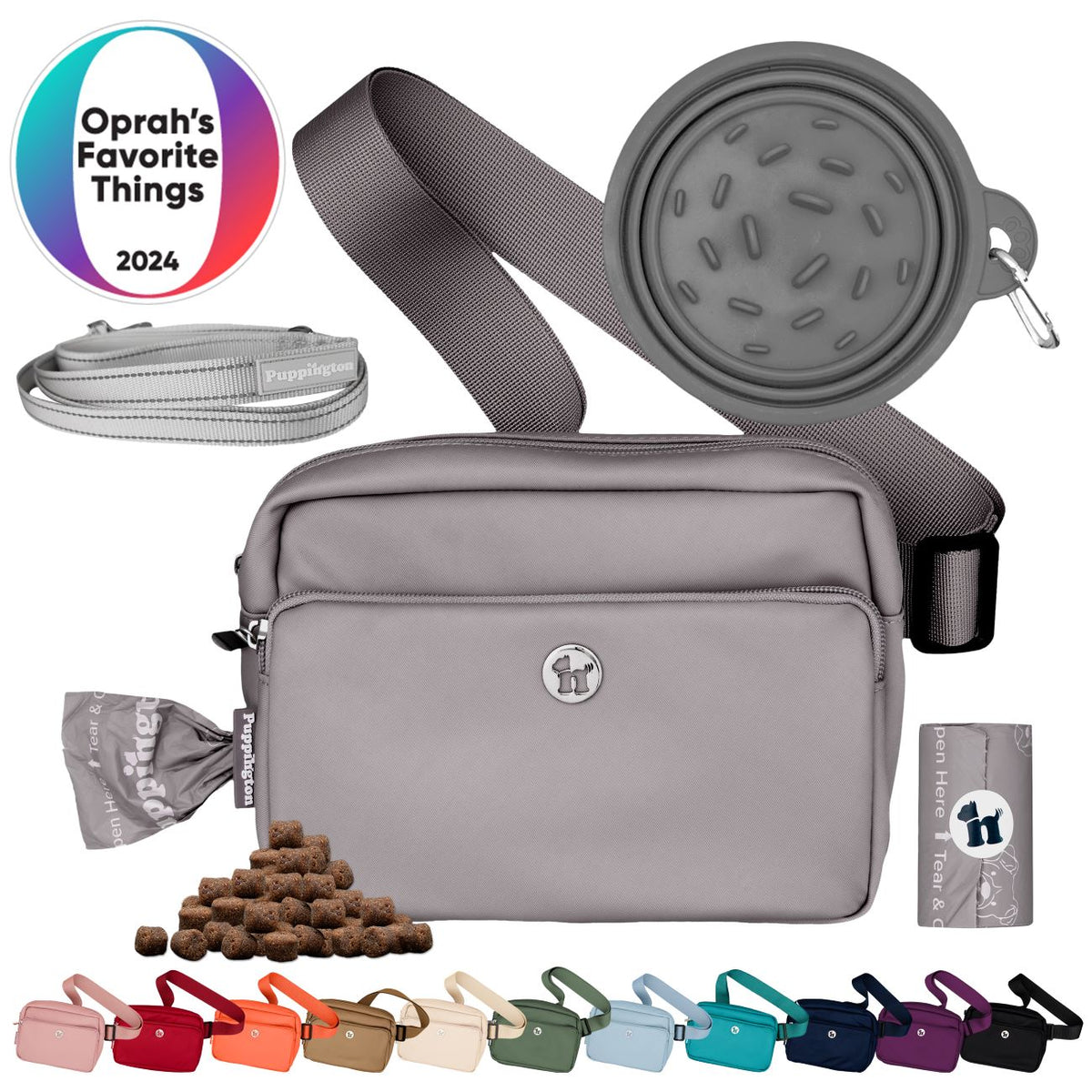 Puppington 3-in-1 Crossbody Dog Treat Pouch with Poop Bags, Slow-Feeding Travel Dog Bowl &amp; Reflective Leash