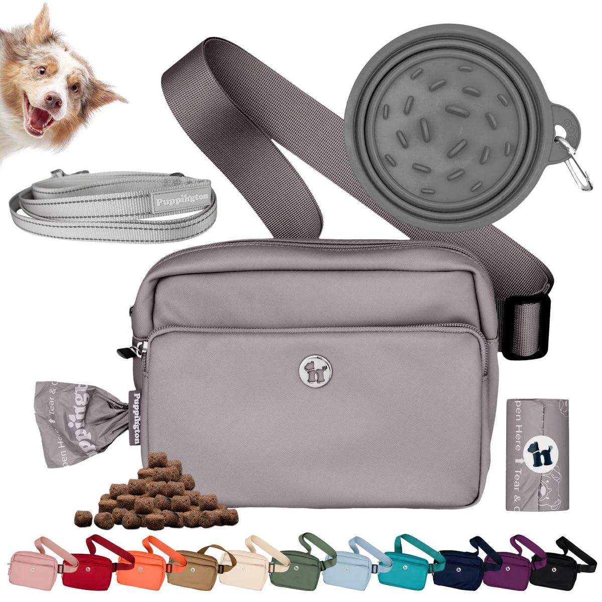 Puppington 3-in-1 Crossbody Dog Treat Pouch with Poop Bags, Slow-Feeding Travel Dog Bowl &amp; Reflective Leash