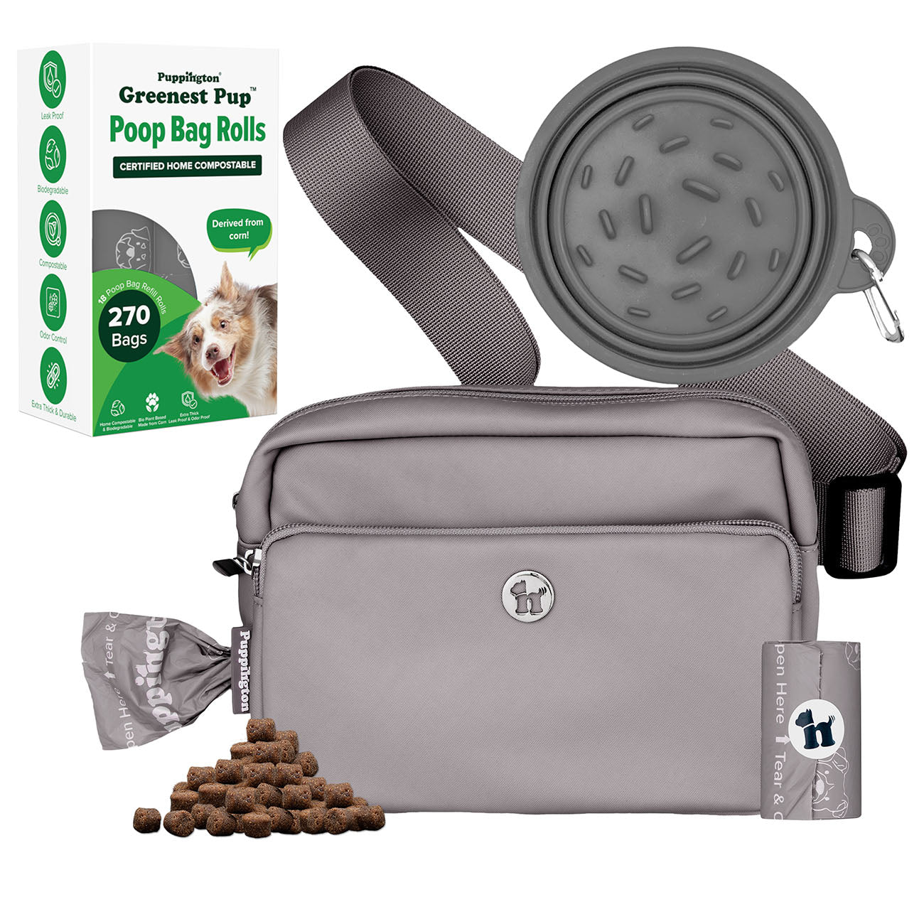3-in-1 Crossbody Dog Walking Bag & Treat Pouch with Slow Feeding Travel Bowl & Matching Compostable Poop Bags Bundle