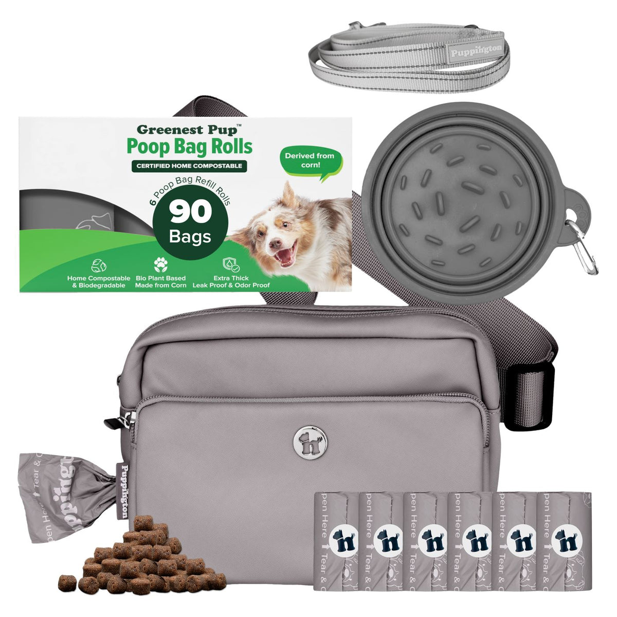 3-in-1 Crossbody Hondenuitlaatzak &amp;amp; Snackzakje met Slow Feeding Reiskom, Reflecterende Lijn &amp;amp; Bijpassende Composteerbare Poepzakjes Bundel