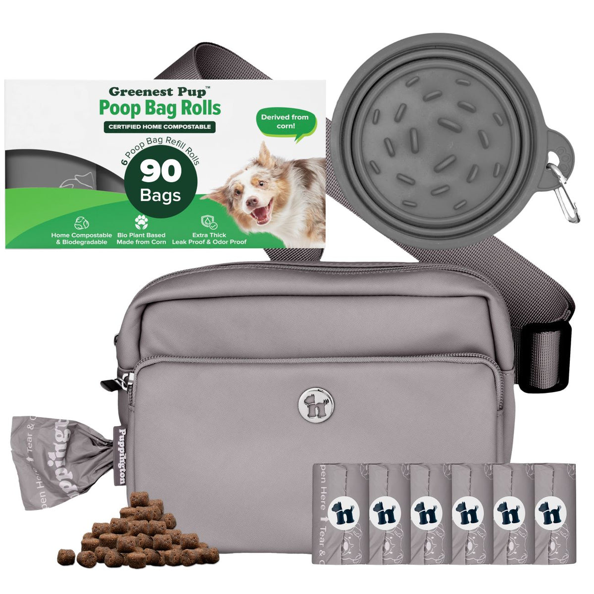 3-in-1 Crossbody Hondenuitlaatzak &amp;amp; Snackzakje met Slow Feeding Reiskom &amp;amp; Bijpassende Composteerbare Poepzakjes Bundel