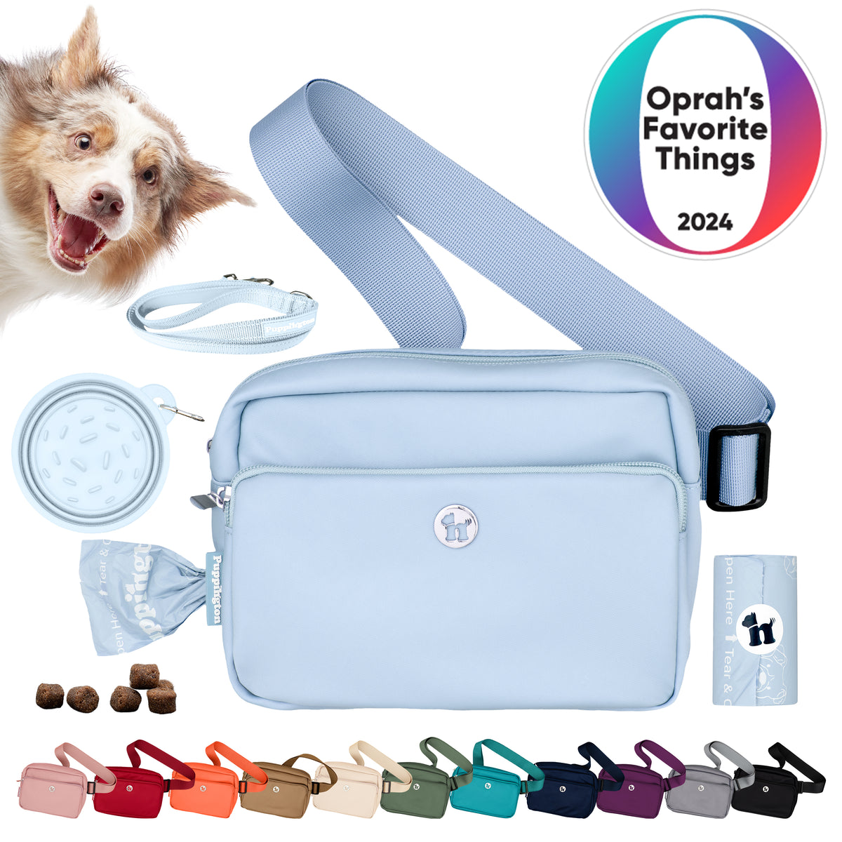 Puppington 3-in-1 Crossbody Dog Treat Pouch with Poop Bags, Slow-Feeding Travel Dog Bowl &amp; Reflective Leash