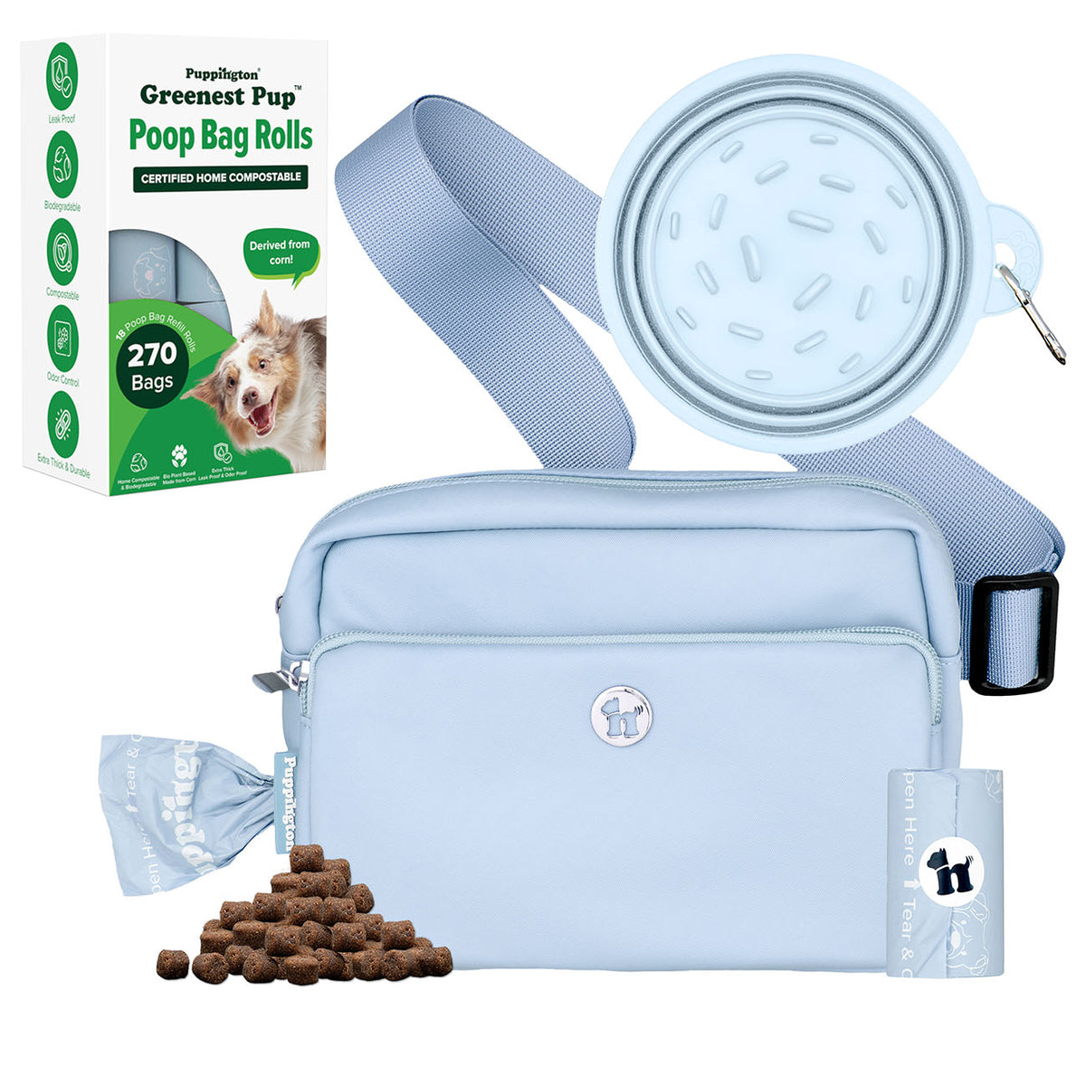 3-in-1 Crossbody Hondenuitlaatzak &amp;amp; Snackzakje met Slow Feeding Reiskom &amp;amp; Bijpassende Composteerbare Poepzakjes Bundel