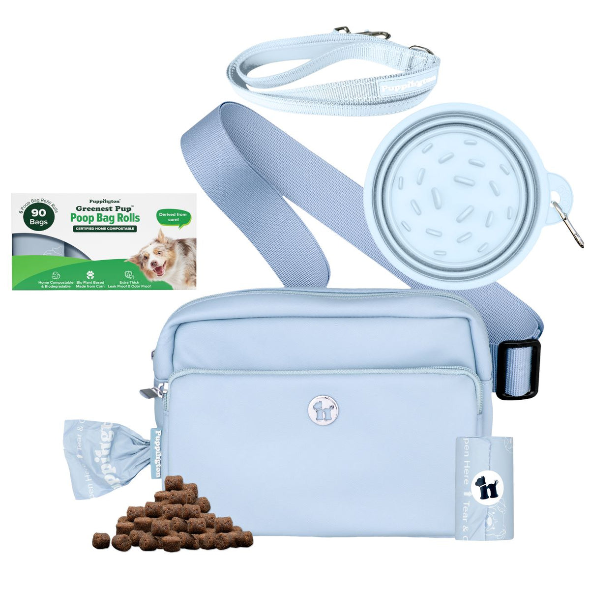 3-in-1 Crossbody Hondenuitlaatzak &amp;amp; Snackzakje met Slow Feeding Reiskom, Reflecterende Lijn &amp;amp; Bijpassende Composteerbare Poepzakjes Bundel