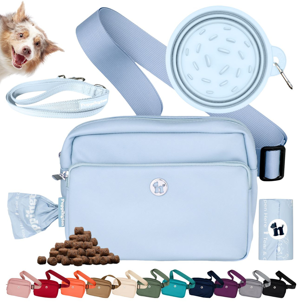 Puppington 3-in-1 Crossbody Dog Treat Pouch with Poop Bags, Slow-Feeding Travel Dog Bowl &amp; Reflective Leash