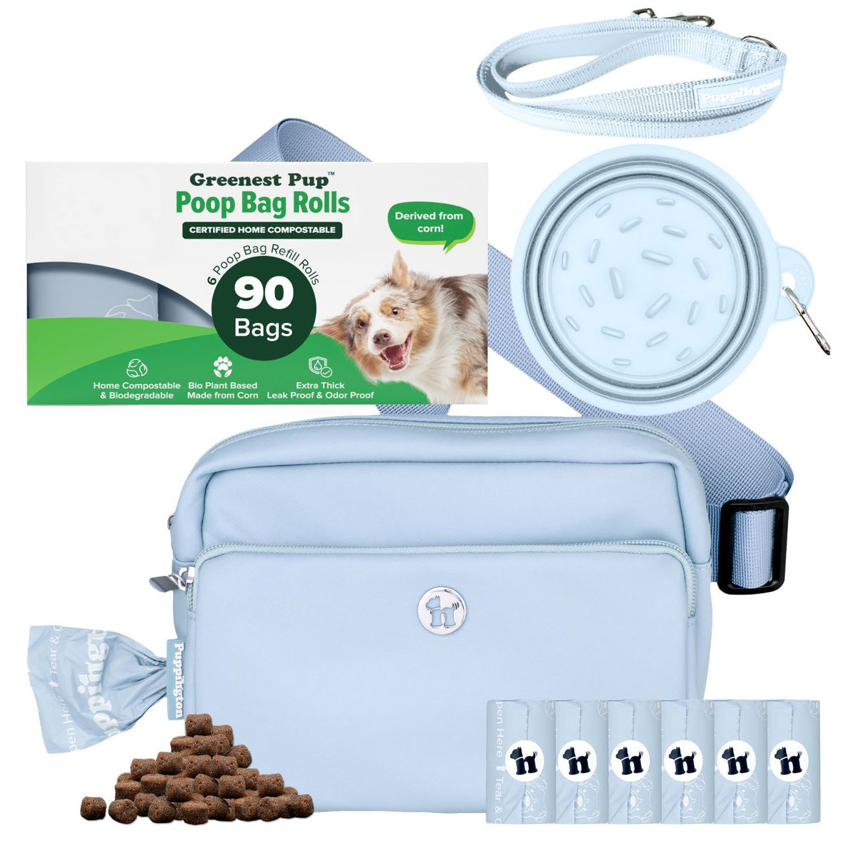 3-in-1 Crossbody Hondenuitlaatzak &amp;amp; Snackzakje met Slow Feeding Reiskom, Reflecterende Lijn &amp;amp; Bijpassende Composteerbare Poepzakjes Bundel