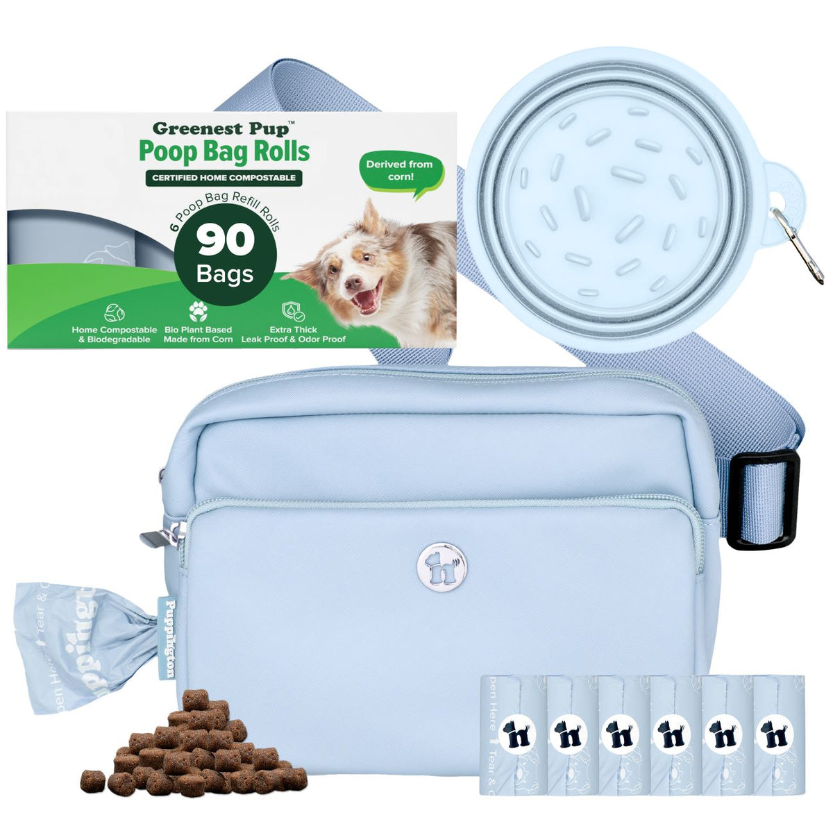 3-in-1 Crossbody Hondenuitlaatzak &amp;amp; Snackzakje met Slow Feeding Reiskom &amp;amp; Bijpassende Composteerbare Poepzakjes Bundel