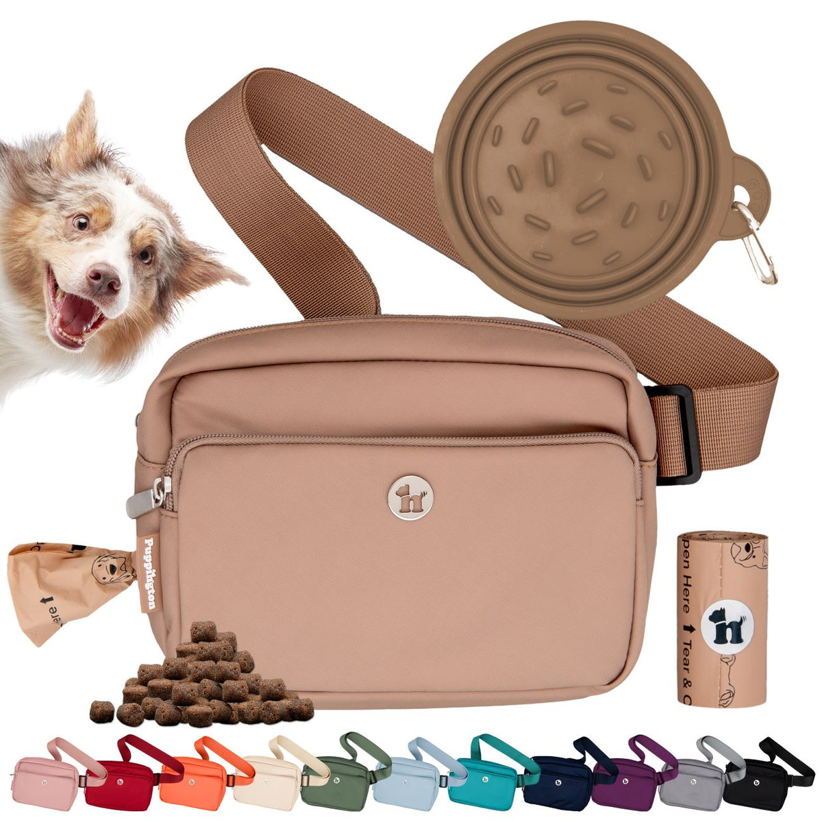 Puppington 3-in-1 Crossbody Dog Treat Pouch with Matching Poop Bags and Slow Feeding Travel Bowl