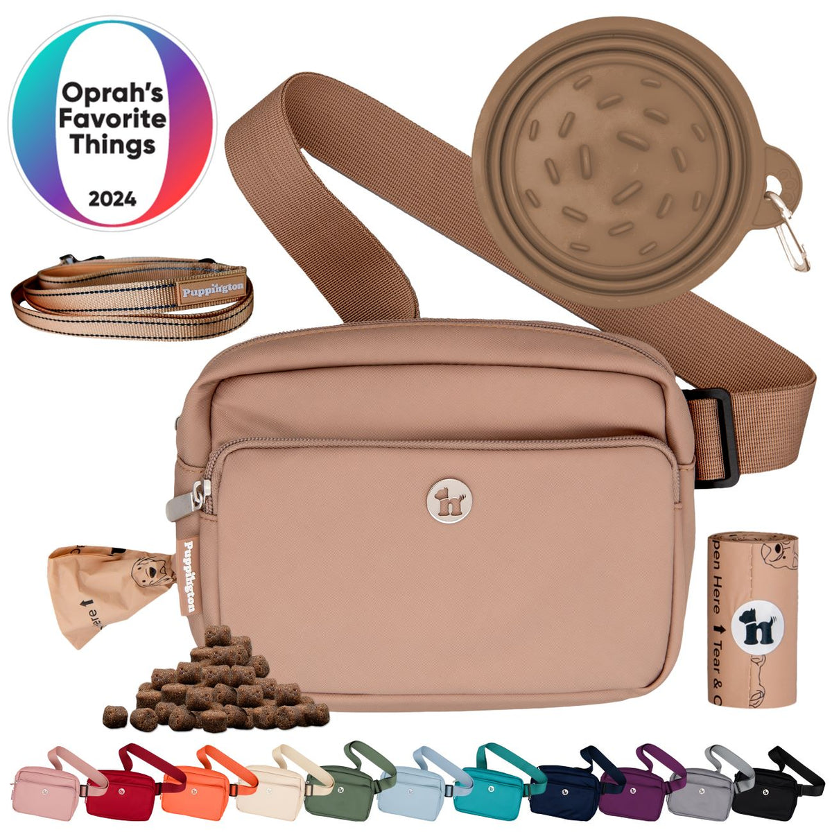 Puppington 3-in-1 Crossbody Dog Treat Pouch with Poop Bags, Slow-Feeding Travel Dog Bowl &amp; Reflective Leash
