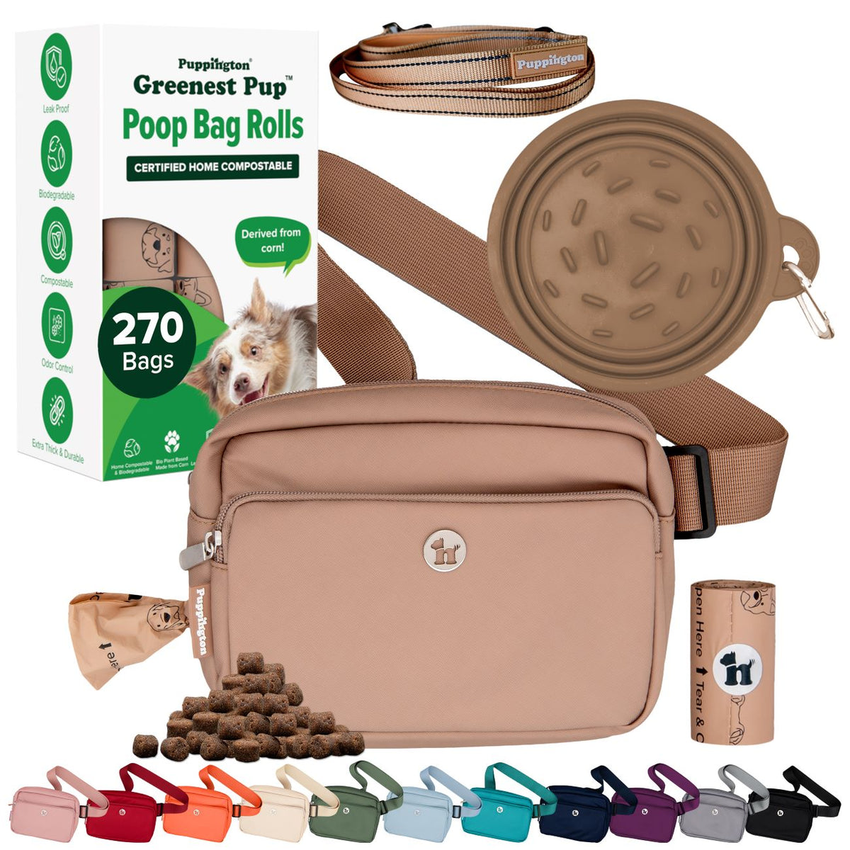 3-in-1 Crossbody Hondenuitlaatzak &amp;amp; Snackzakje met Slow Feeding Reiskom, Reflecterende Lijn &amp;amp; Bijpassende Composteerbare Poepzakjes Bundel