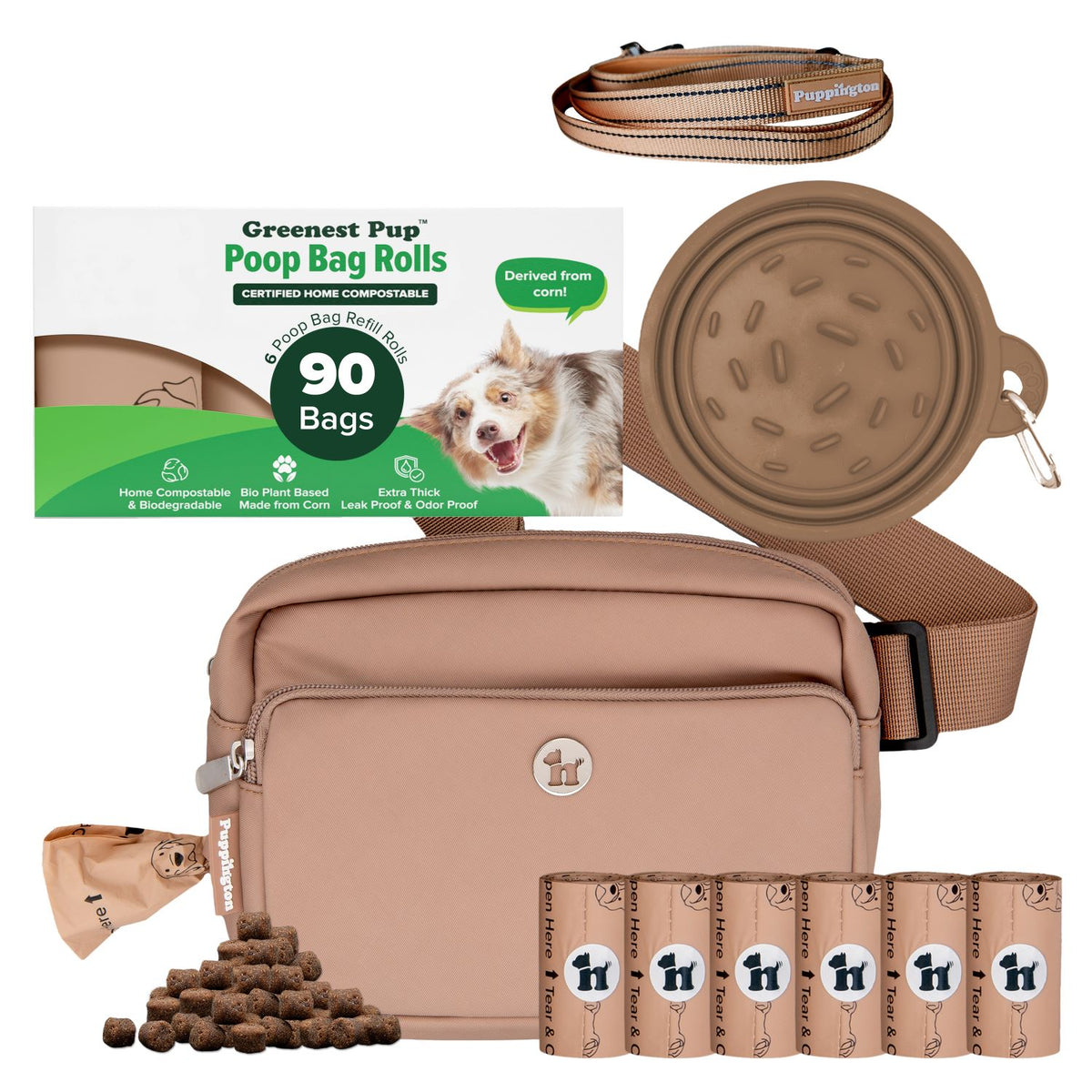 3-in-1 Crossbody Hondenuitlaatzak &amp;amp; Snackzakje met Slow Feeding Reiskom, Reflecterende Lijn &amp;amp; Bijpassende Composteerbare Poepzakjes Bundel