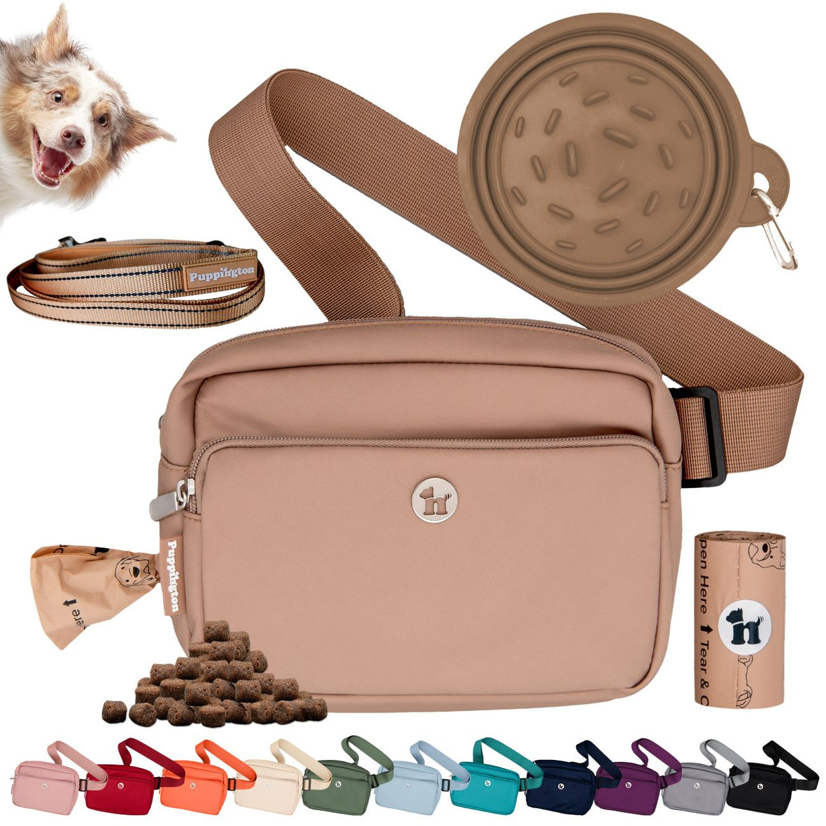 Puppington 3-in-1 Crossbody Dog Treat Pouch with Poop Bags, Slow-Feeding Travel Dog Bowl &amp; Reflective Leash